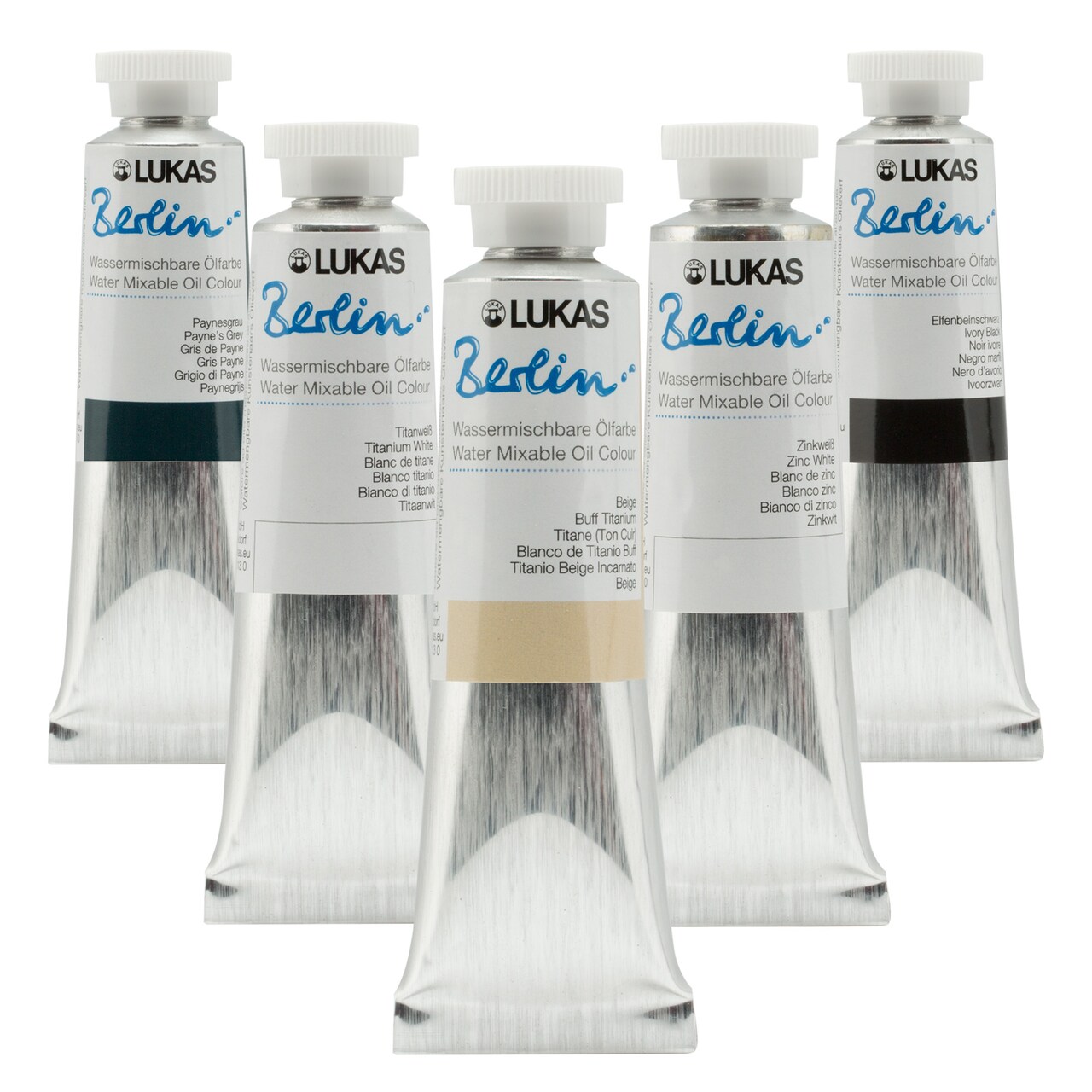 Lukas Water Mixable Oil Paint - Eco-Friendly, 37ml Grey, Black, White Set of 5, Solvent-Free Artist Oil Paint with Lightfast Pigments and Beeswax for Smooth Consistency, Water Soluble, Quick-Drying